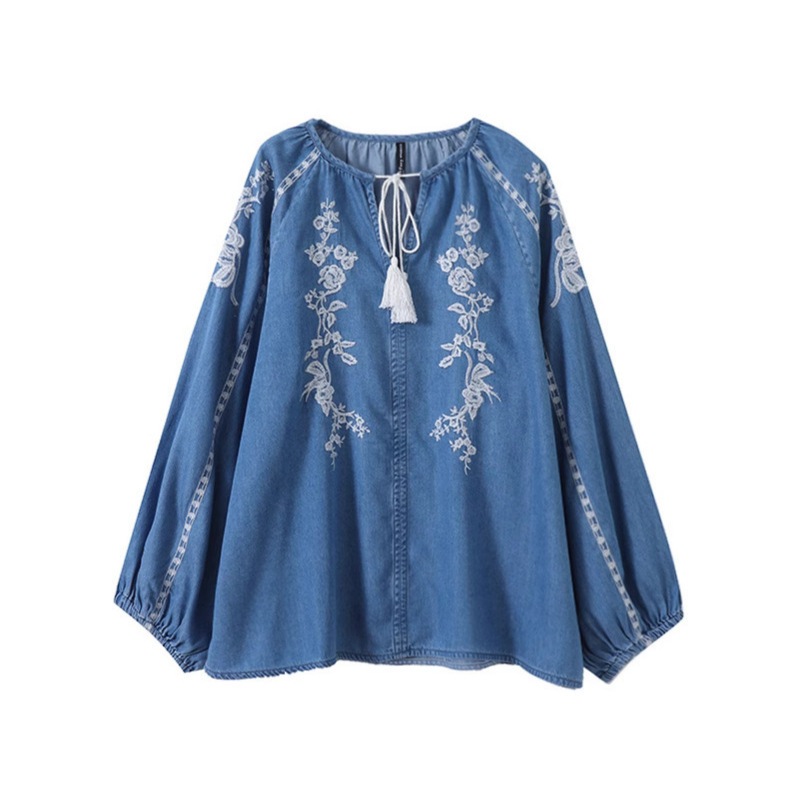 Women Denim Blouse Top Flower  - Tassel Fringe Trim reseña y precio