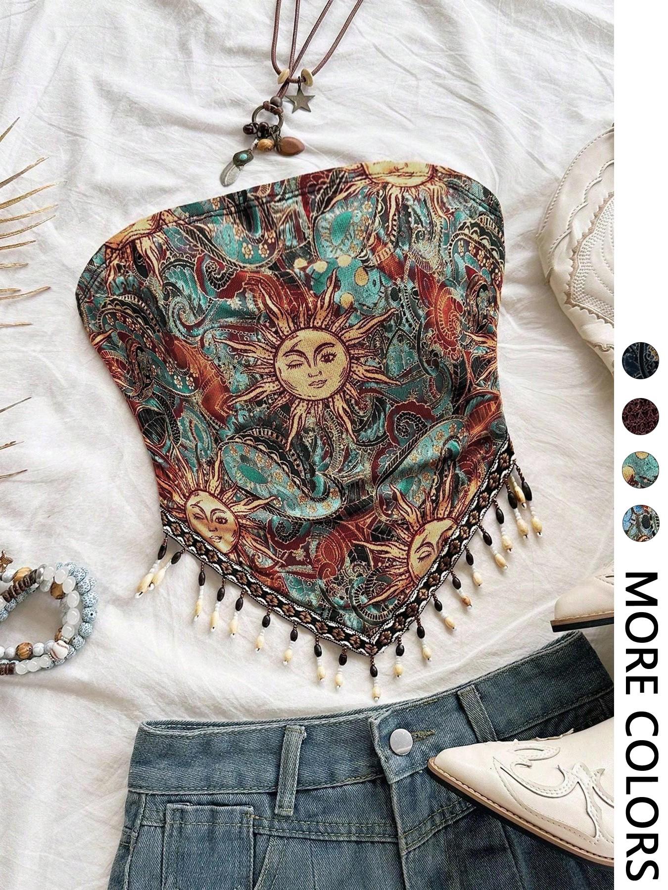 Ladies' 1pc Printed Mesh Knitt - Beaded Trim Fringe reseña y precio