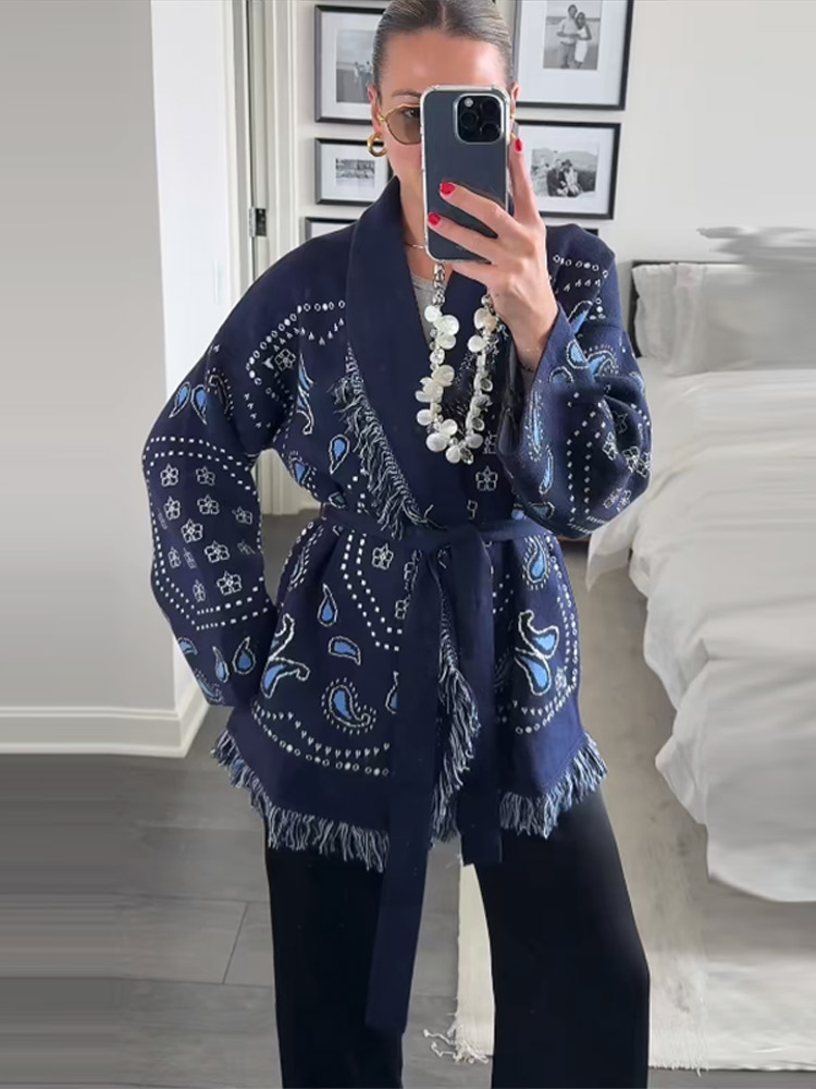 Elegant Print Tassel Cardigan  - Tassel Fringe Trim reseña y precio