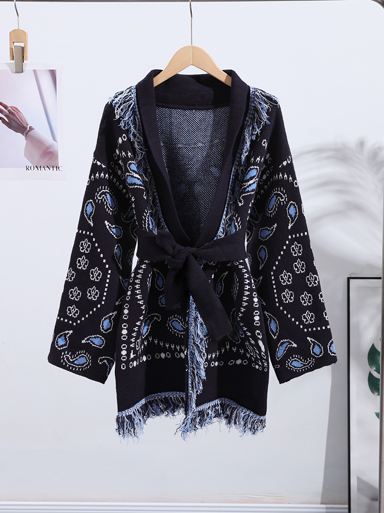 Elegant Print Tassel Cardigan  - Tassel Fringe Trim reseña y precio