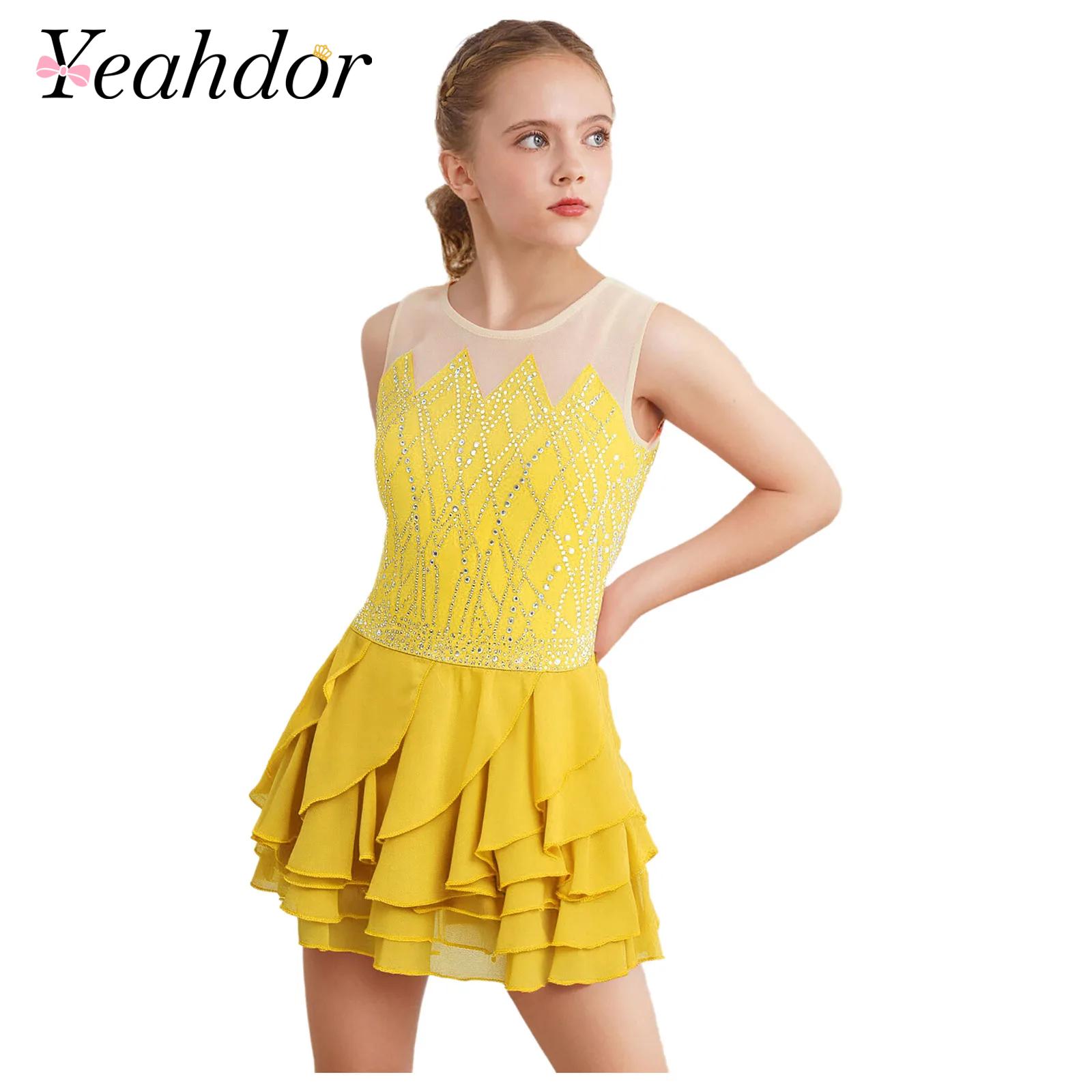 Girls Mesh Figure Skating Dres - Rhinestone Banding Trim reseña y precio